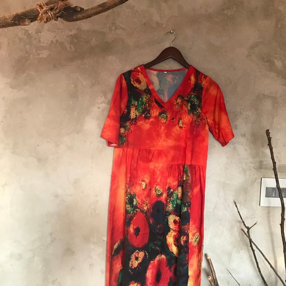 Multi color Abstract Poppies Printed Dress - Picture 4 of 6